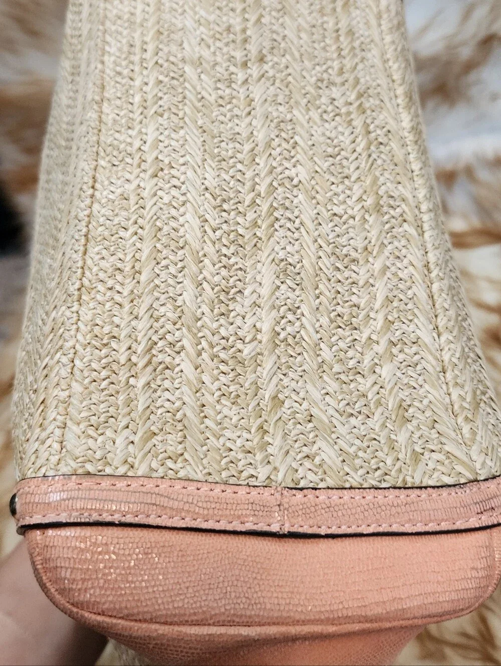 Coach Straw Tote with Pink Leather Trim and Flower Charm